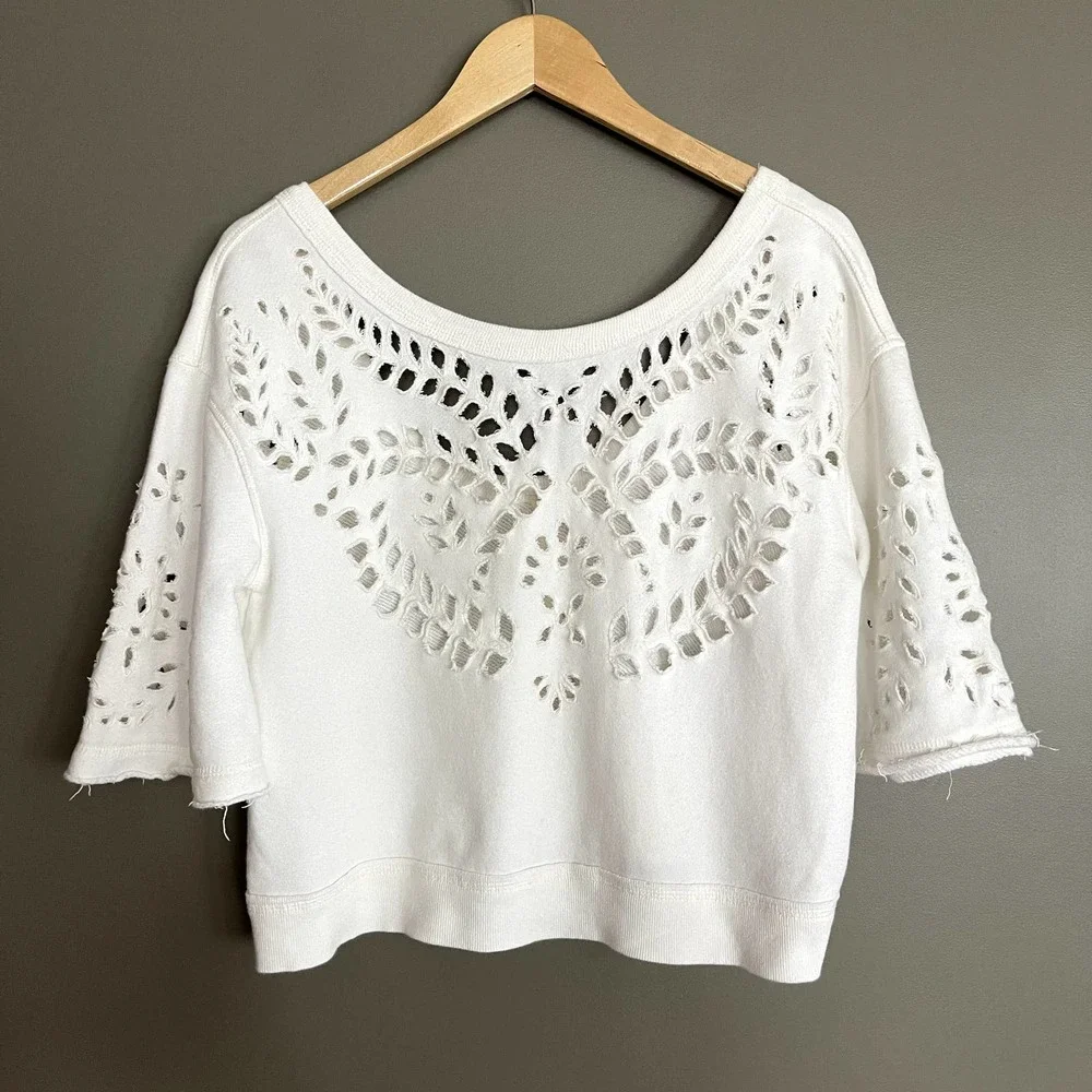 Free People Crumpette Cutwork Print Top Size XS Ivory Cropped Sweatshirt‎ Eyelet